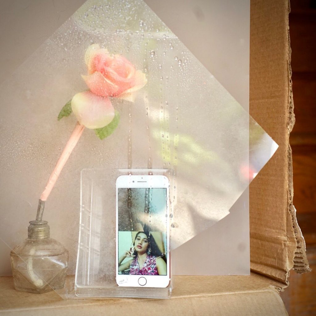 Still life of flower in vase, iPhone with woman on screen, and projected image