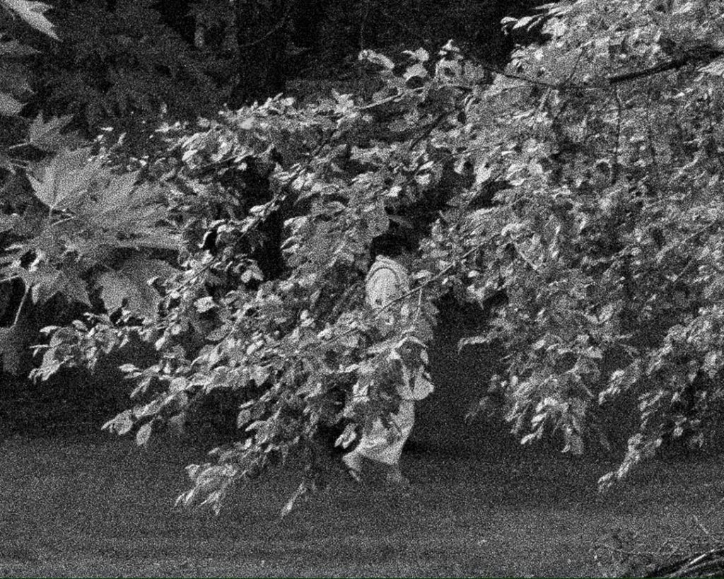 Black & white photo someone behind tree branches