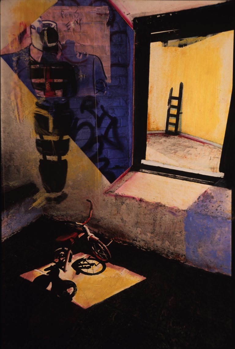 Hand-painted collage image of bicycle next to a window looking onto a room with a ladder in the corner