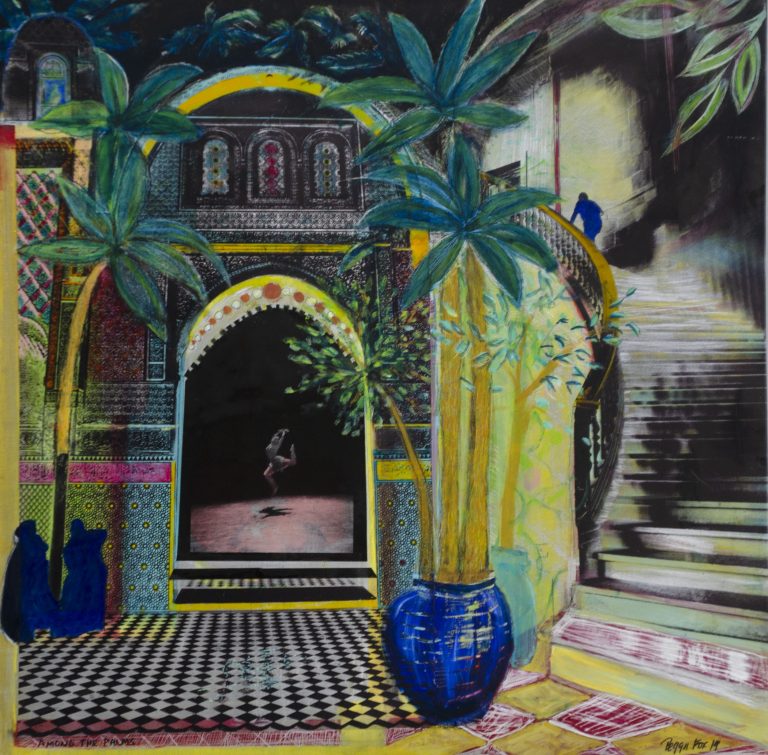 Painted collage image of Islamic architectural interior with potted plants, arches, tiles, and a staircase