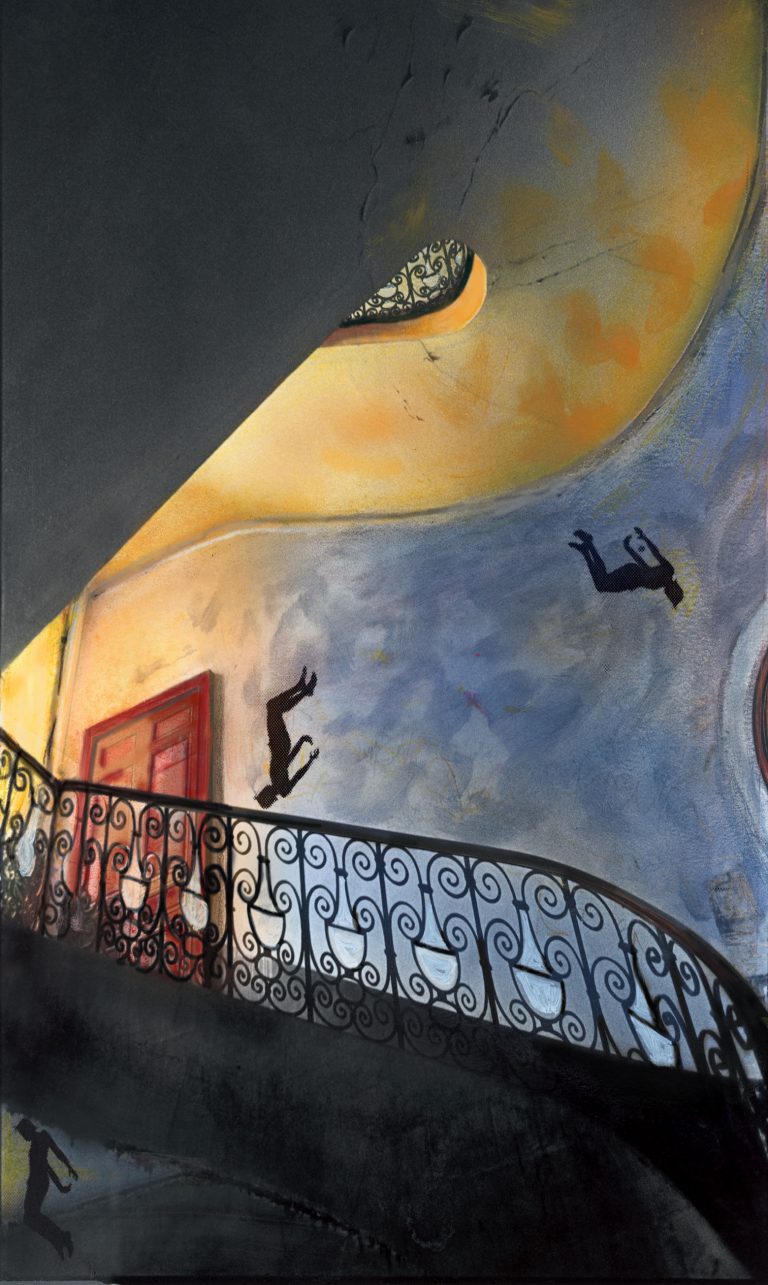 Painted collage photograph of figures falling down a stairwell