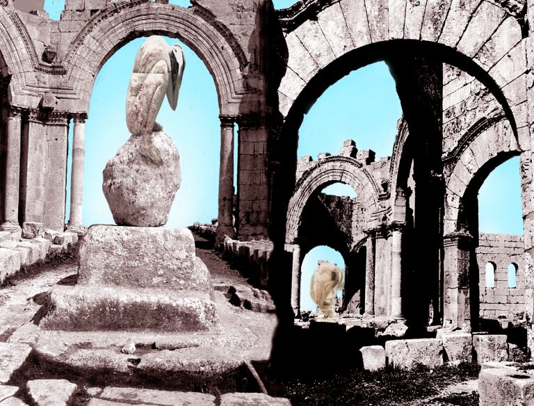Collage image of archeological site with stone arches and crouched figure