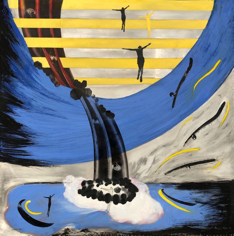 Painted collage image of falling figures dropping down a waterfall into water