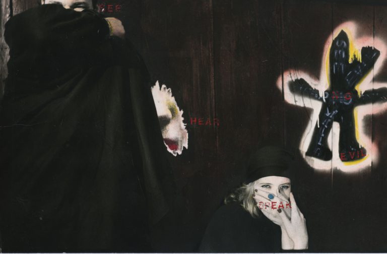 Painted collaged image of shrouded figure, a fragment of a woman's face, and a woman covering her mouth with writing 